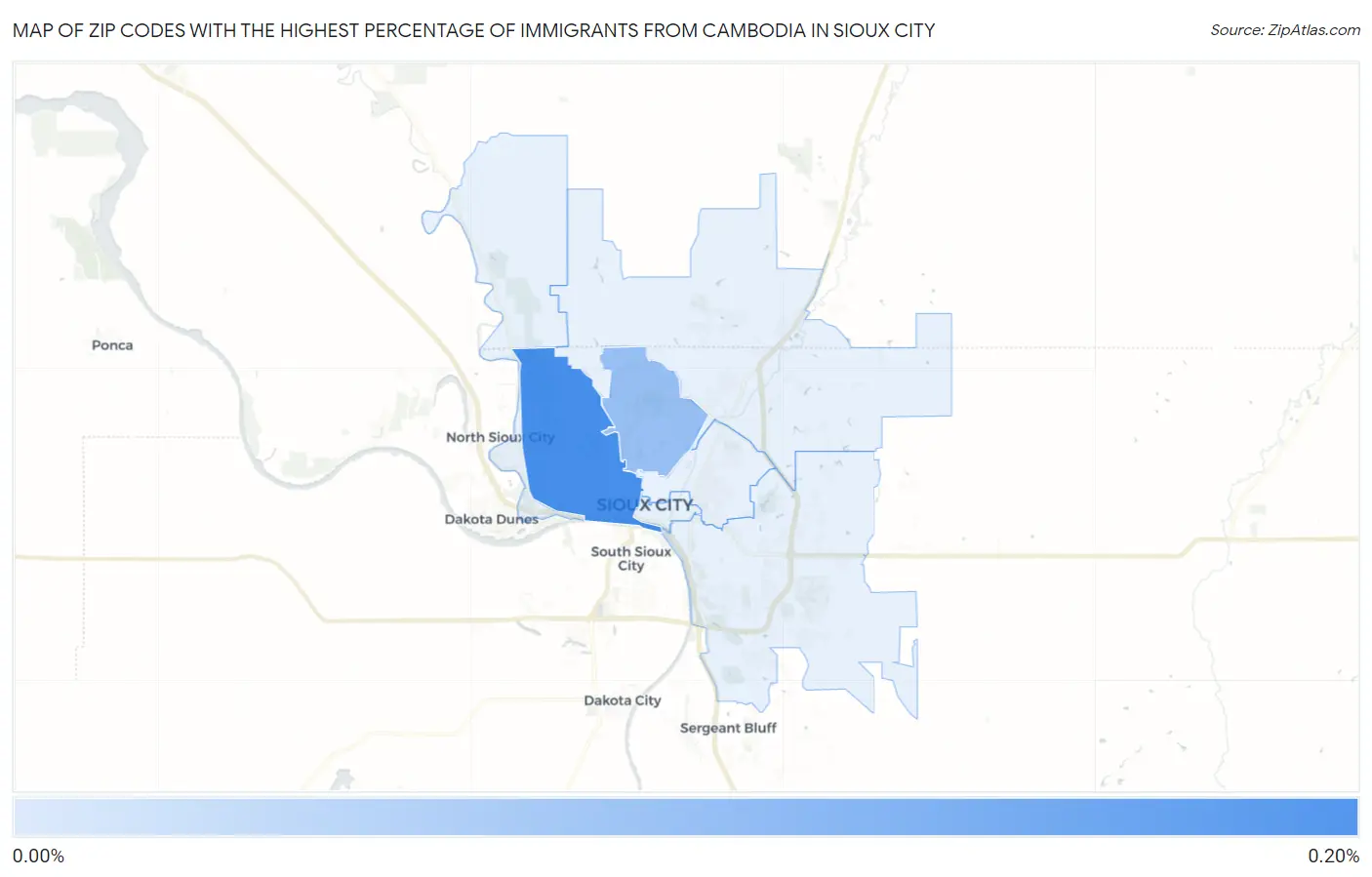 Zip Codes with the Highest Percentage of Immigrants from Cambodia in Sioux City Map