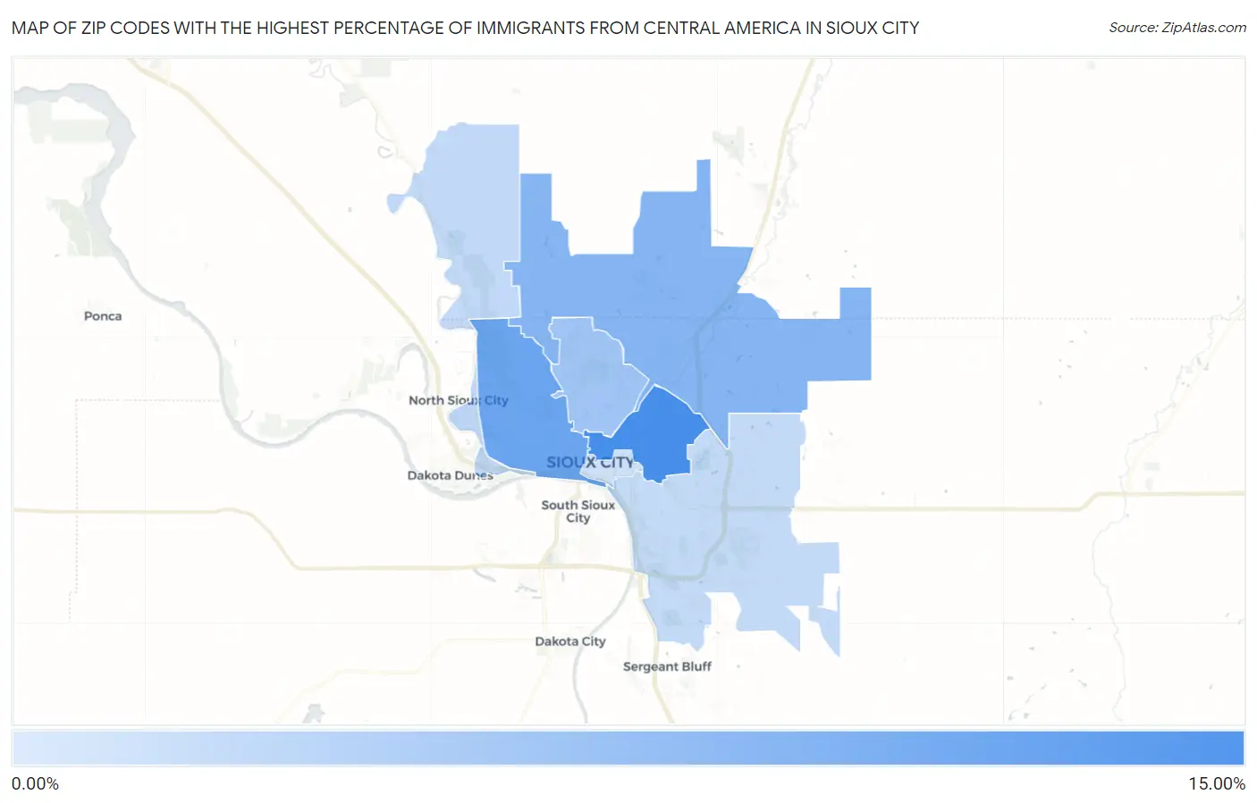 Zip Codes with the Highest Percentage of Immigrants from Central America in Sioux City Map