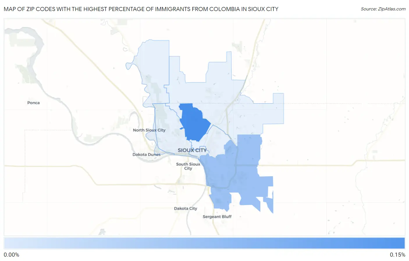 Zip Codes with the Highest Percentage of Immigrants from Colombia in Sioux City Map