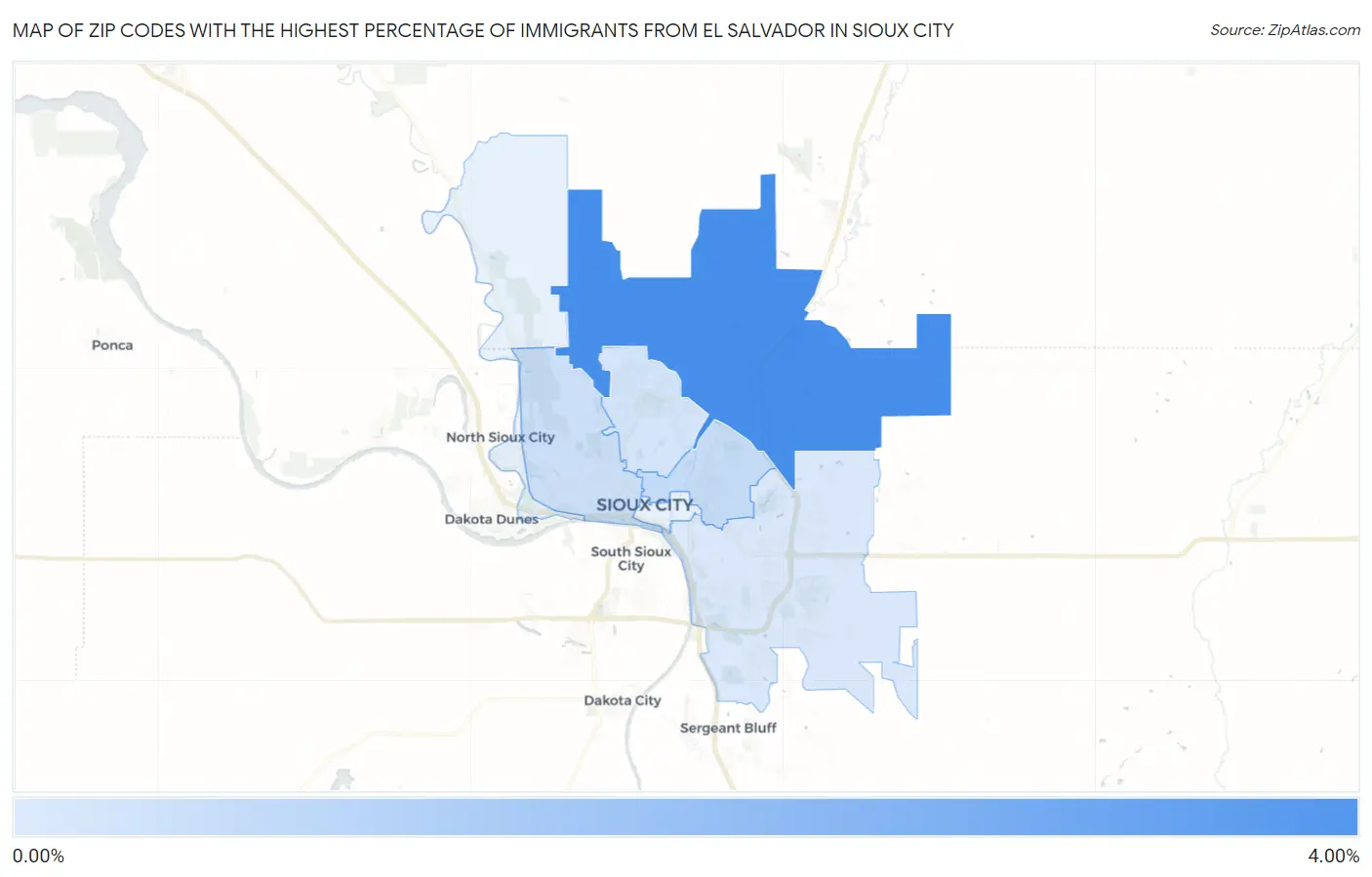 Zip Codes with the Highest Percentage of Immigrants from El Salvador in Sioux City Map