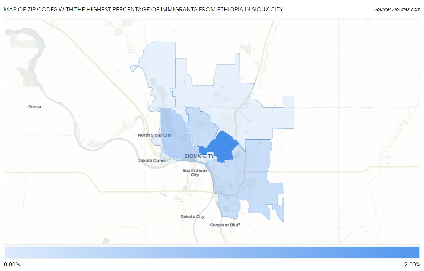 Zip Codes with the Highest Percentage of Immigrants from Ethiopia in Sioux City Map