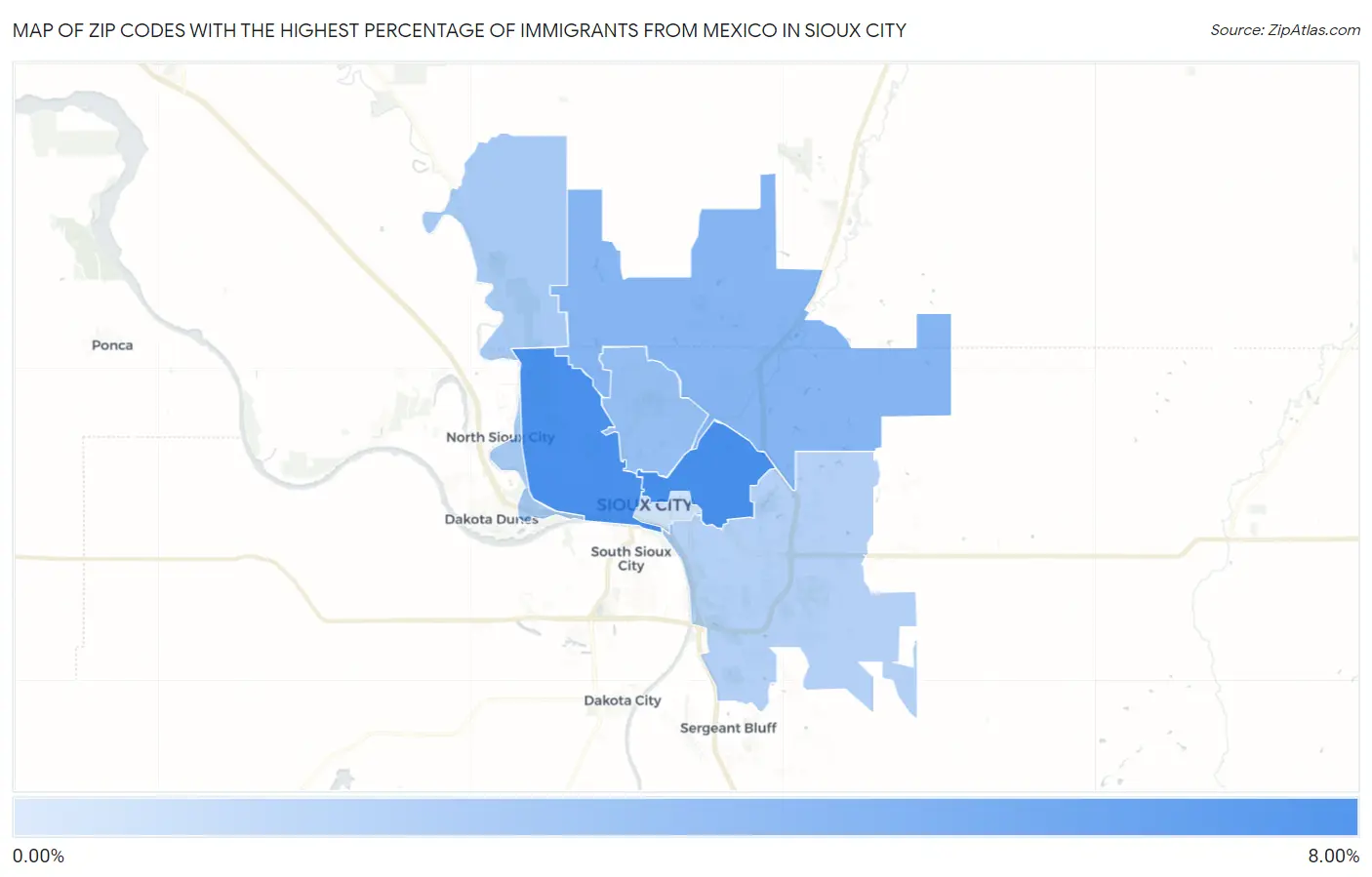 Zip Codes with the Highest Percentage of Immigrants from Mexico in Sioux City Map