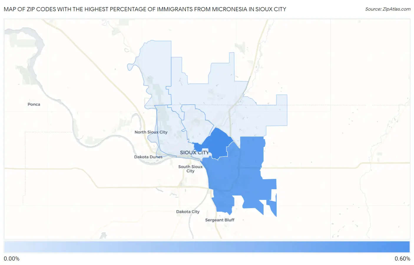 Zip Codes with the Highest Percentage of Immigrants from Micronesia in Sioux City Map