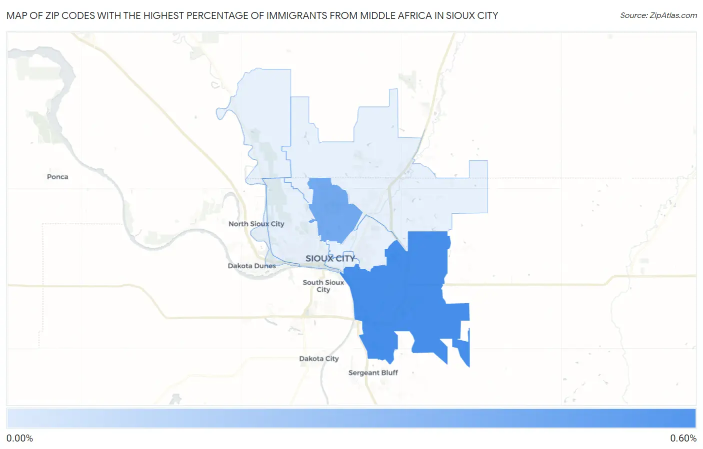Zip Codes with the Highest Percentage of Immigrants from Middle Africa in Sioux City Map