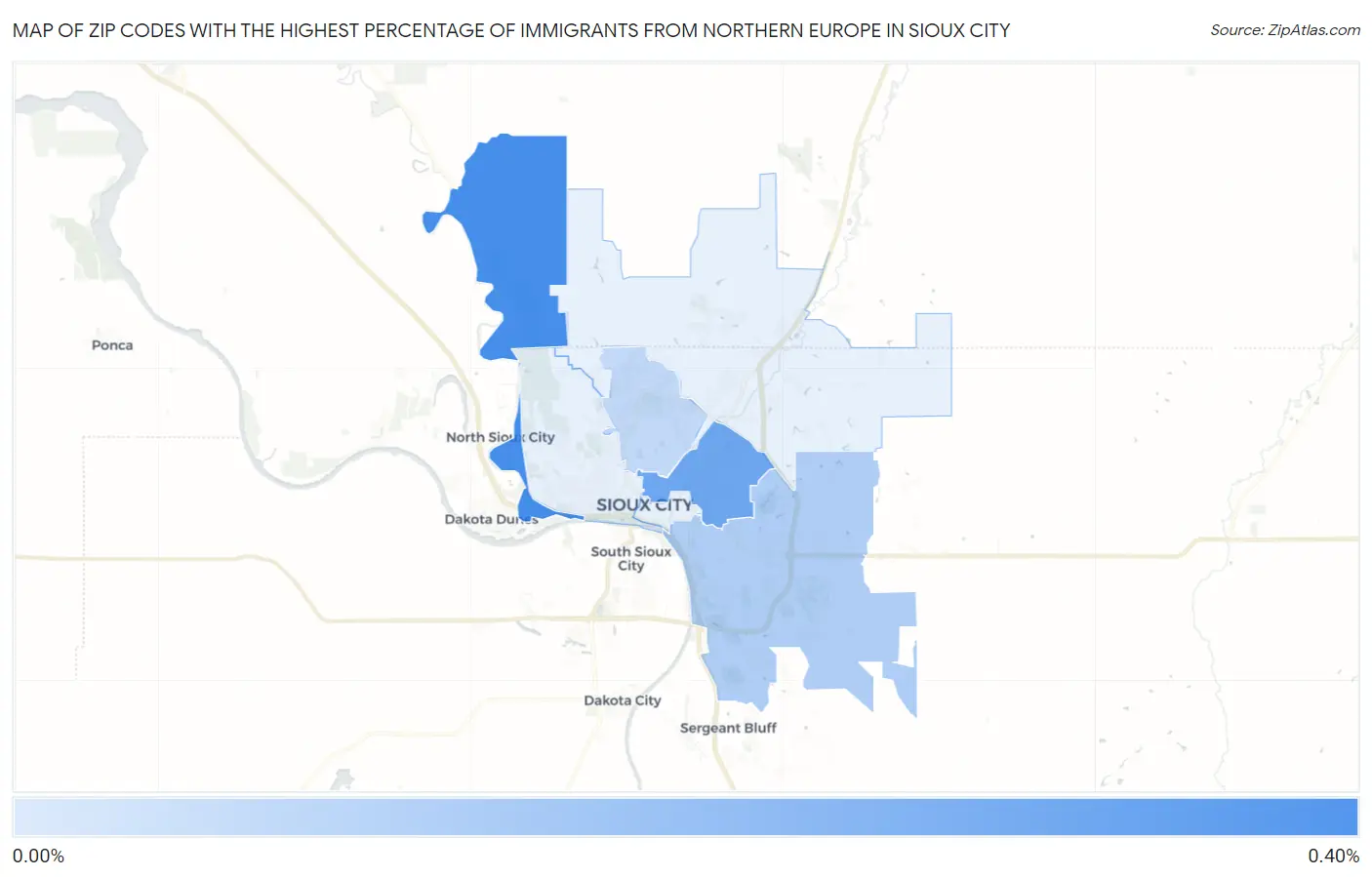 Zip Codes with the Highest Percentage of Immigrants from Northern Europe in Sioux City Map