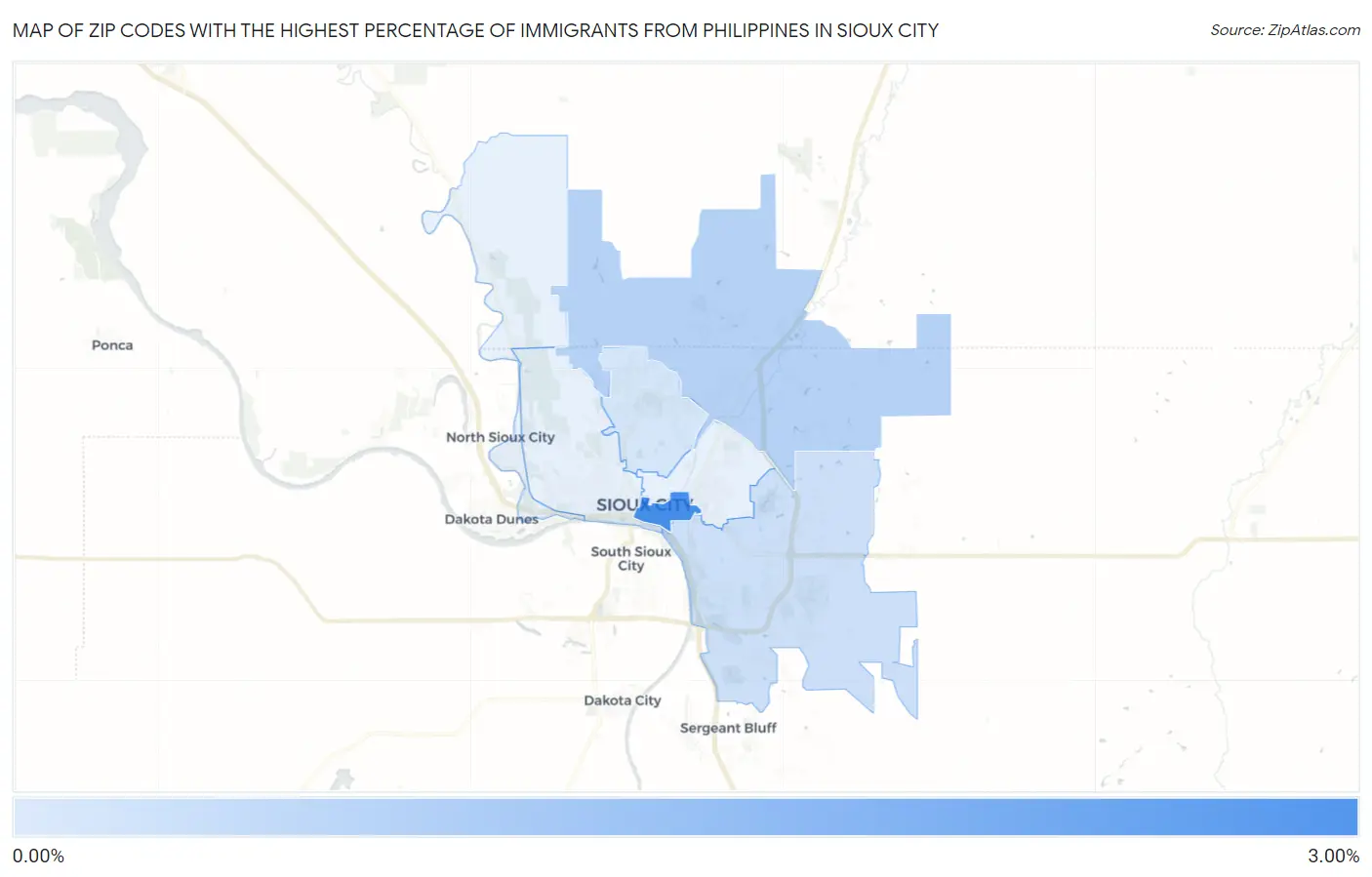 Zip Codes with the Highest Percentage of Immigrants from Philippines in Sioux City Map