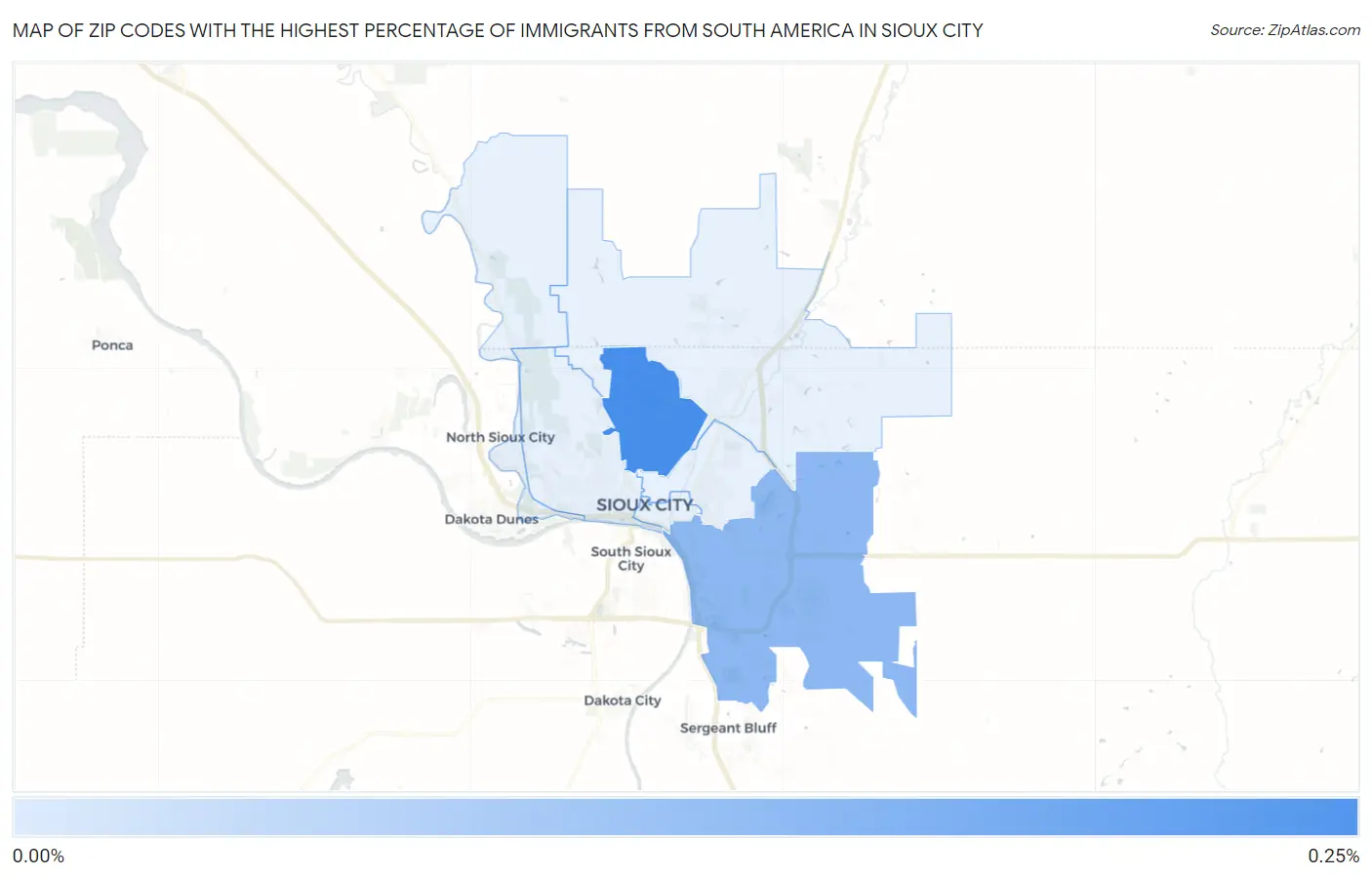 Zip Codes with the Highest Percentage of Immigrants from South America in Sioux City Map