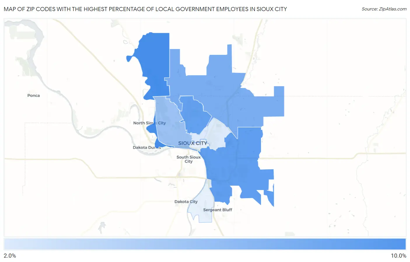 Zip Codes with the Highest Percentage of Local Government Employees in Sioux City Map