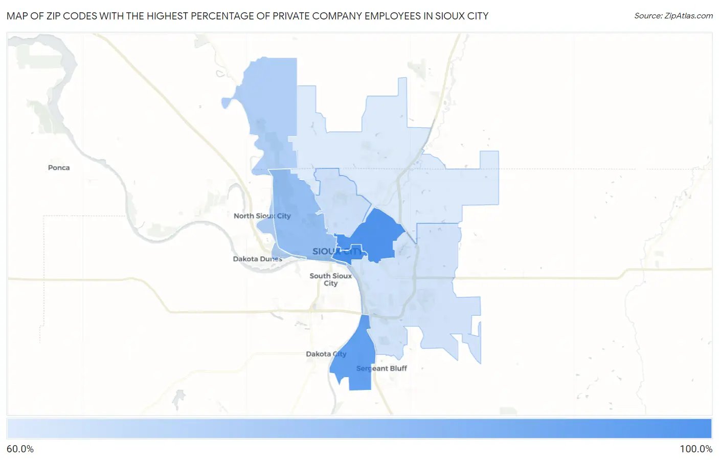 Zip Codes with the Highest Percentage of Private Company Employees in Sioux City Map