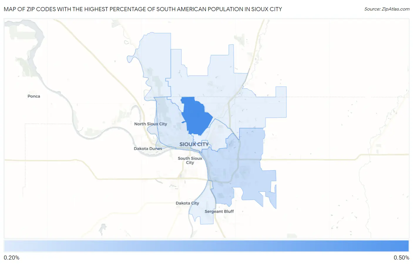 Zip Codes with the Highest Percentage of South American Population in Sioux City Map