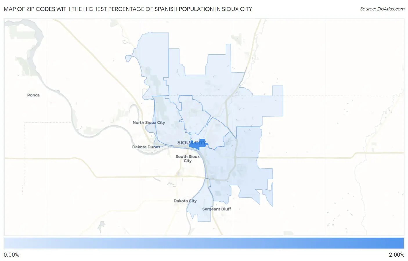 Zip Codes with the Highest Percentage of Spanish Population in Sioux City Map