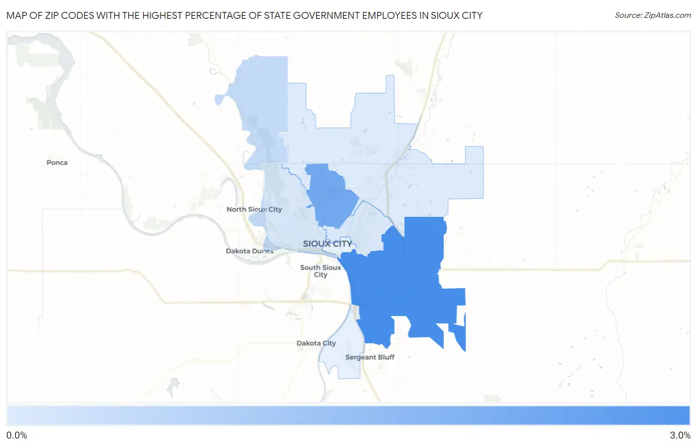 Zip Codes with the Highest Percentage of State Government Employees in Sioux City Map