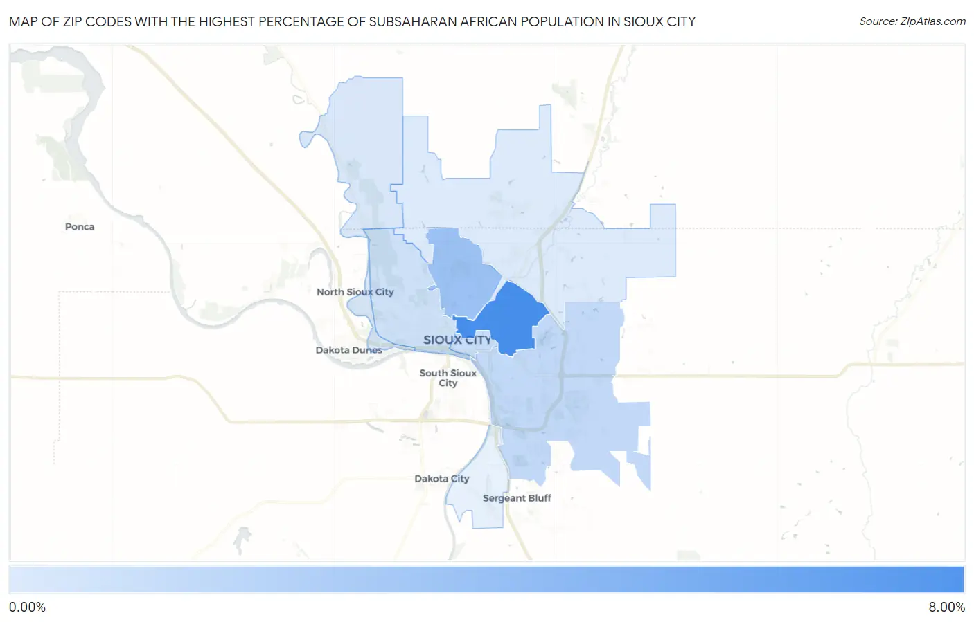 Zip Codes with the Highest Percentage of Subsaharan African Population in Sioux City Map