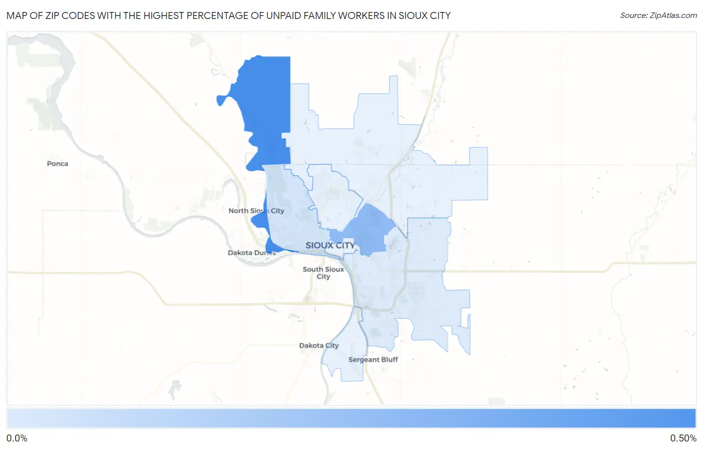 Zip Codes with the Highest Percentage of Unpaid Family Workers in Sioux City Map