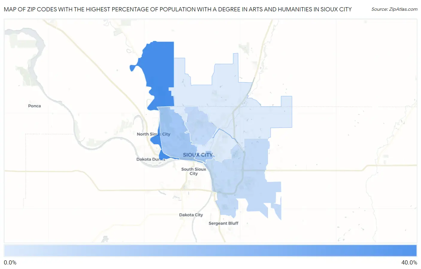 Zip Codes with the Highest Percentage of Population with a Degree in Arts and Humanities in Sioux City Map