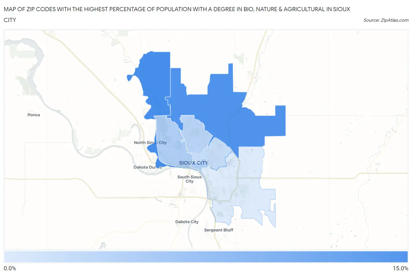 Zip Codes with the Highest Percentage of Population with a Degree in Bio, Nature & Agricultural in Sioux City Map