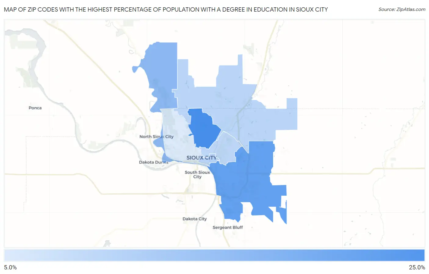 Zip Codes with the Highest Percentage of Population with a Degree in Education in Sioux City Map