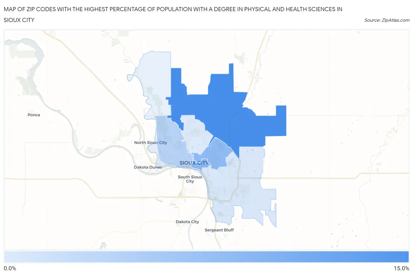 Zip Codes with the Highest Percentage of Population with a Degree in Physical and Health Sciences in Sioux City Map