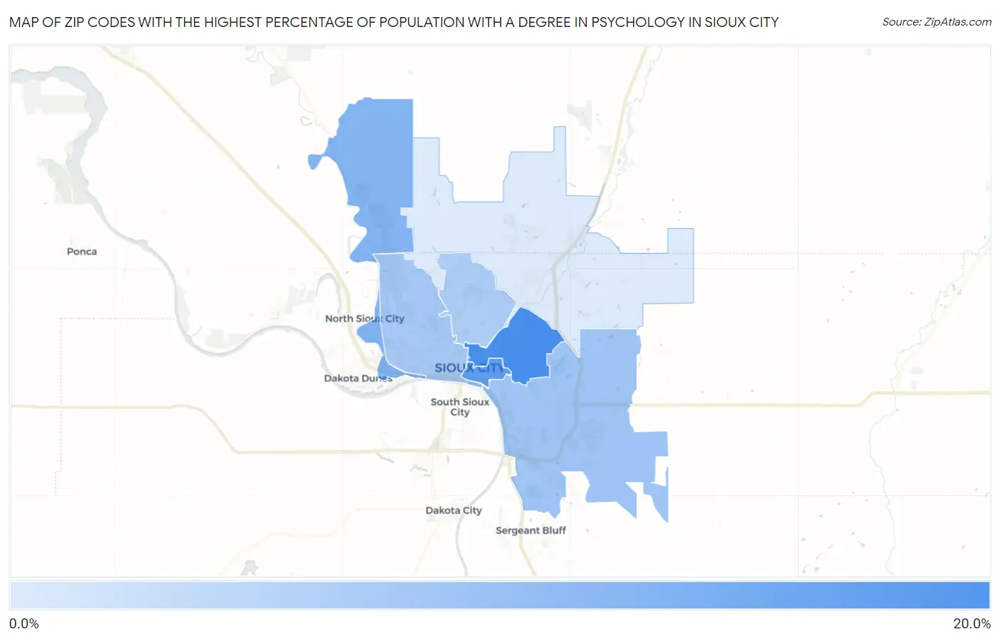 Zip Codes with the Highest Percentage of Population with a Degree in Psychology in Sioux City Map