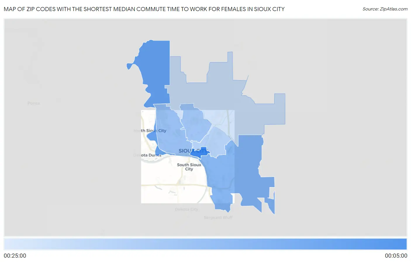 Zip Codes with the Shortest Median Commute Time to Work for Females in Sioux City Map