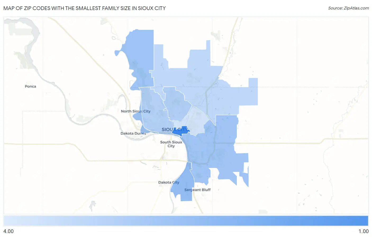 Zip Codes with the Smallest Family Size in Sioux City Map