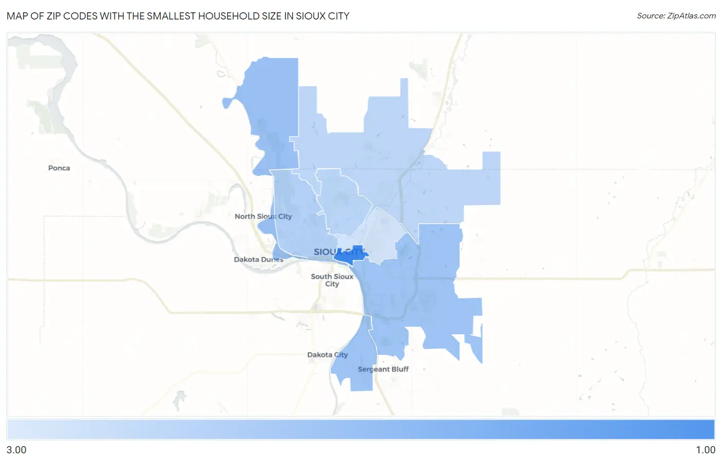 Zip Codes with the Smallest Household Size in Sioux City Map