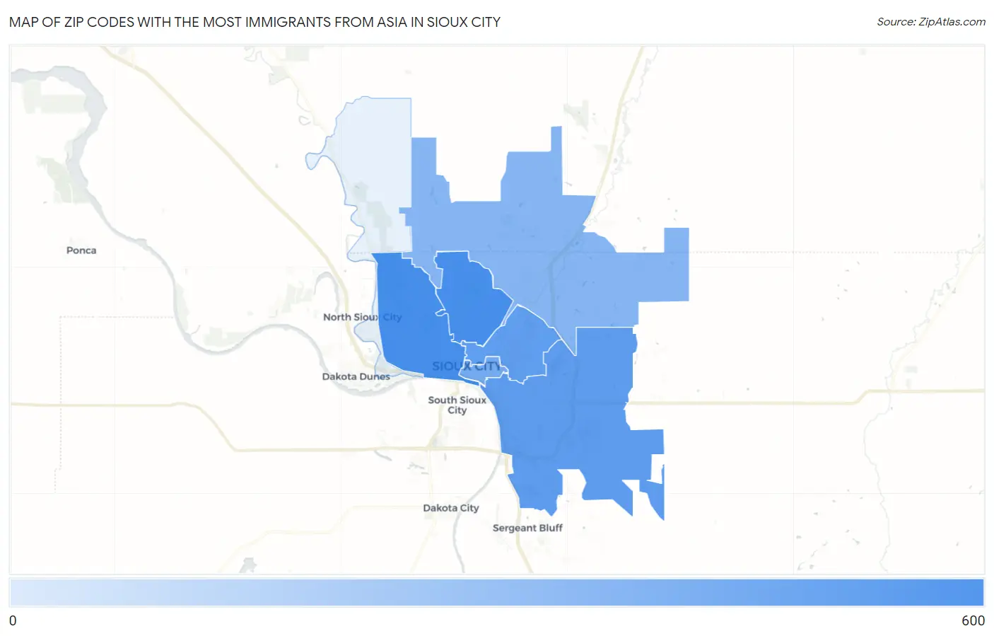 Zip Codes with the Most Immigrants from Asia in Sioux City Map