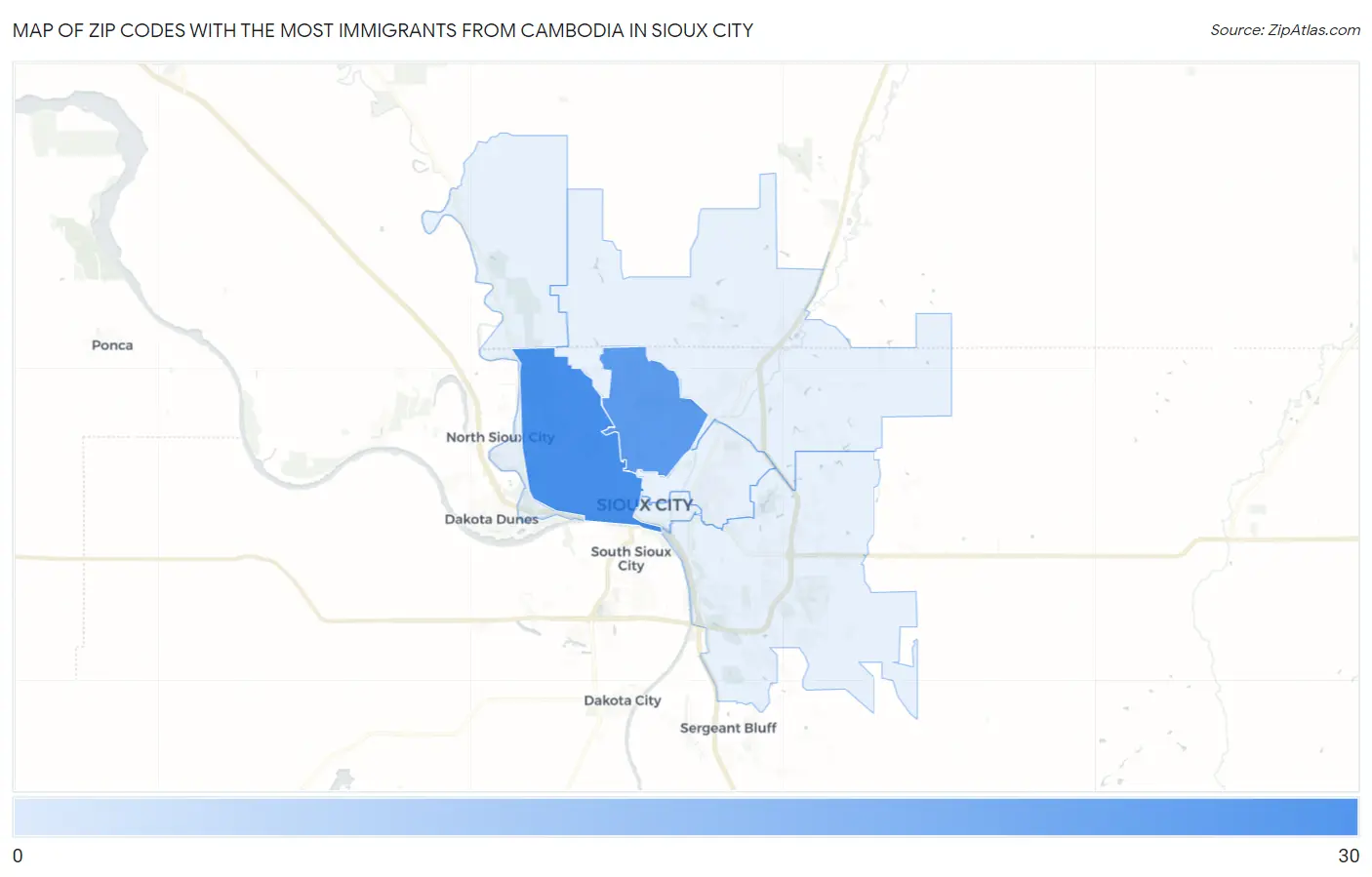 Zip Codes with the Most Immigrants from Cambodia in Sioux City Map