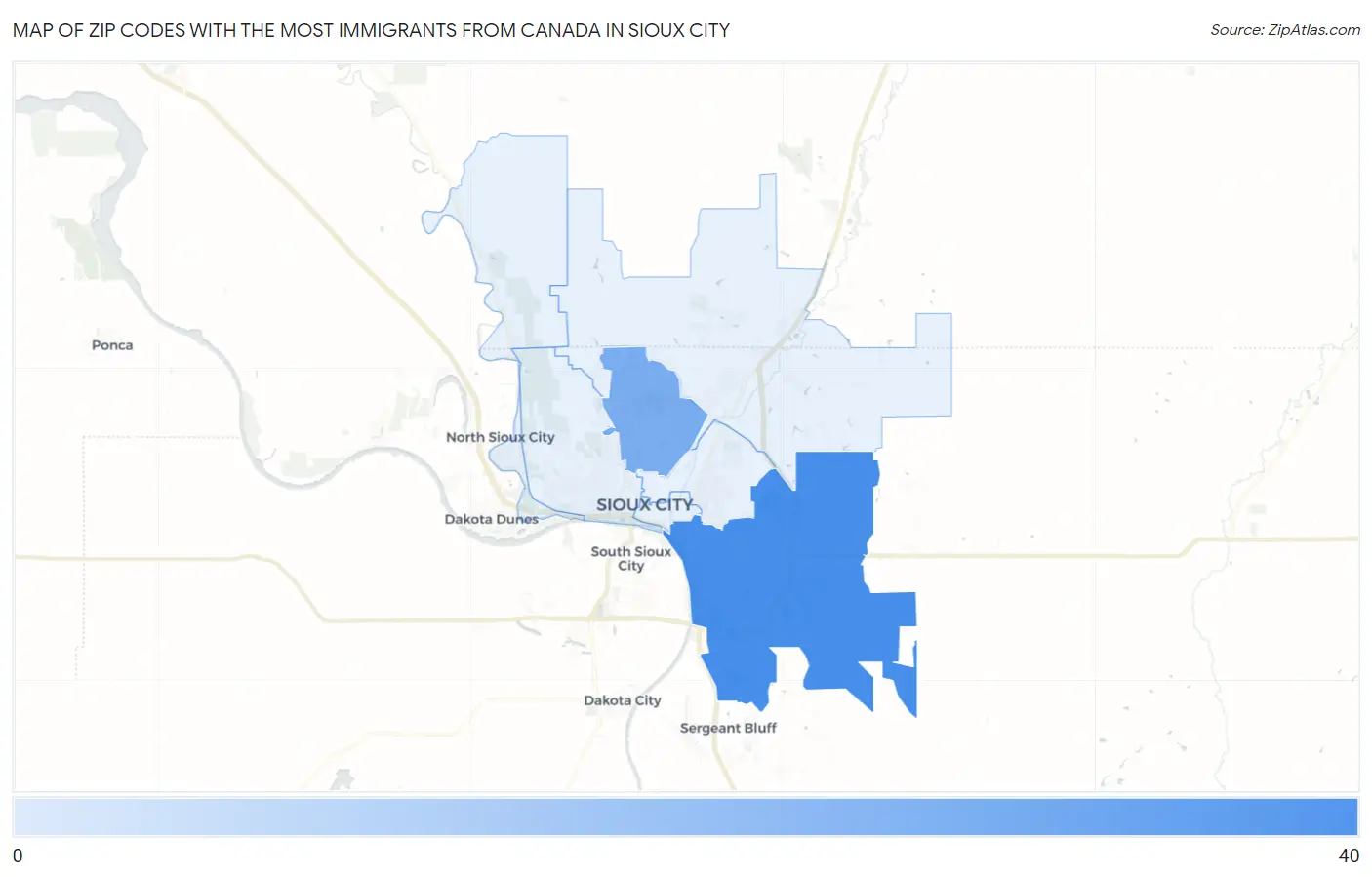 Zip Codes with the Most Immigrants from Canada in Sioux City Map