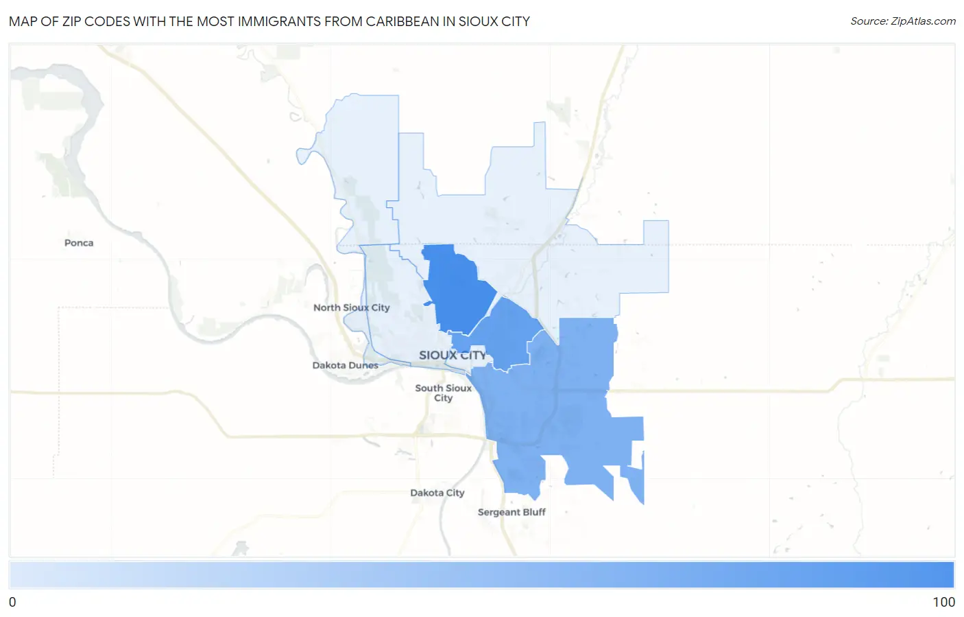 Zip Codes with the Most Immigrants from Caribbean in Sioux City Map