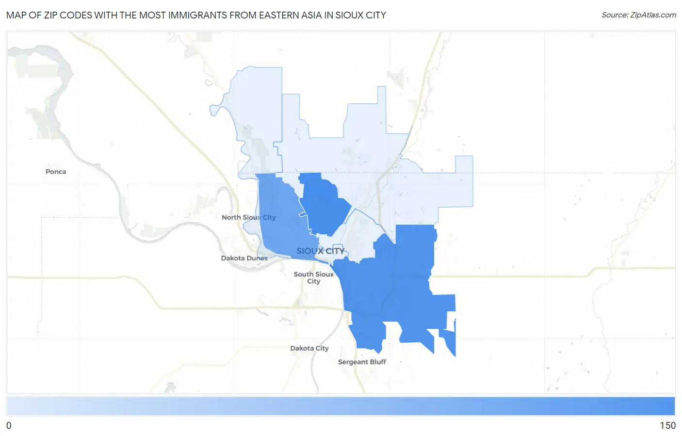 Zip Codes with the Most Immigrants from Eastern Asia in Sioux City Map