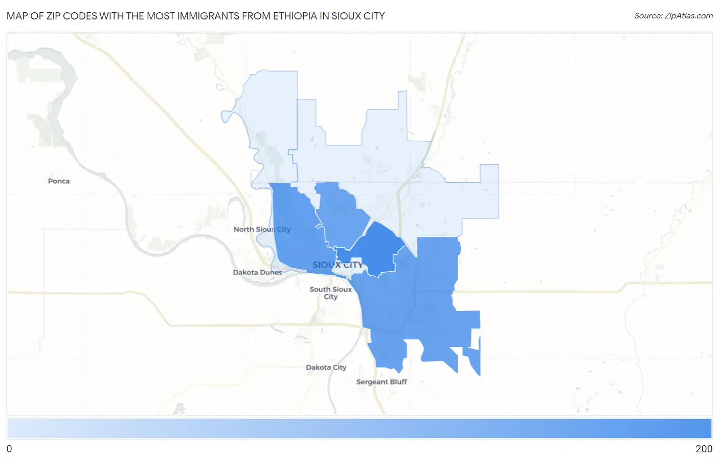 Zip Codes with the Most Immigrants from Ethiopia in Sioux City Map