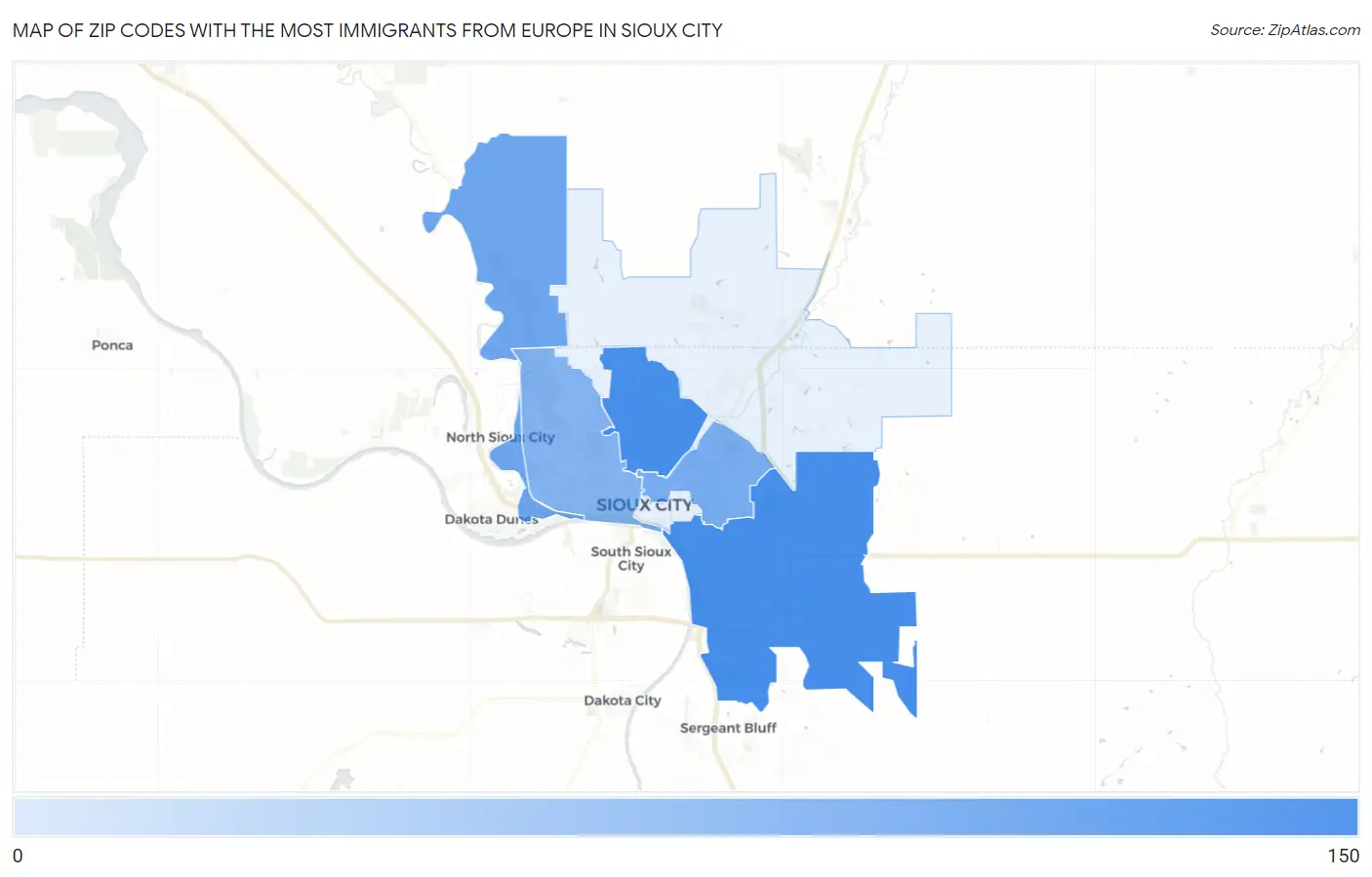 Zip Codes with the Most Immigrants from Europe in Sioux City Map