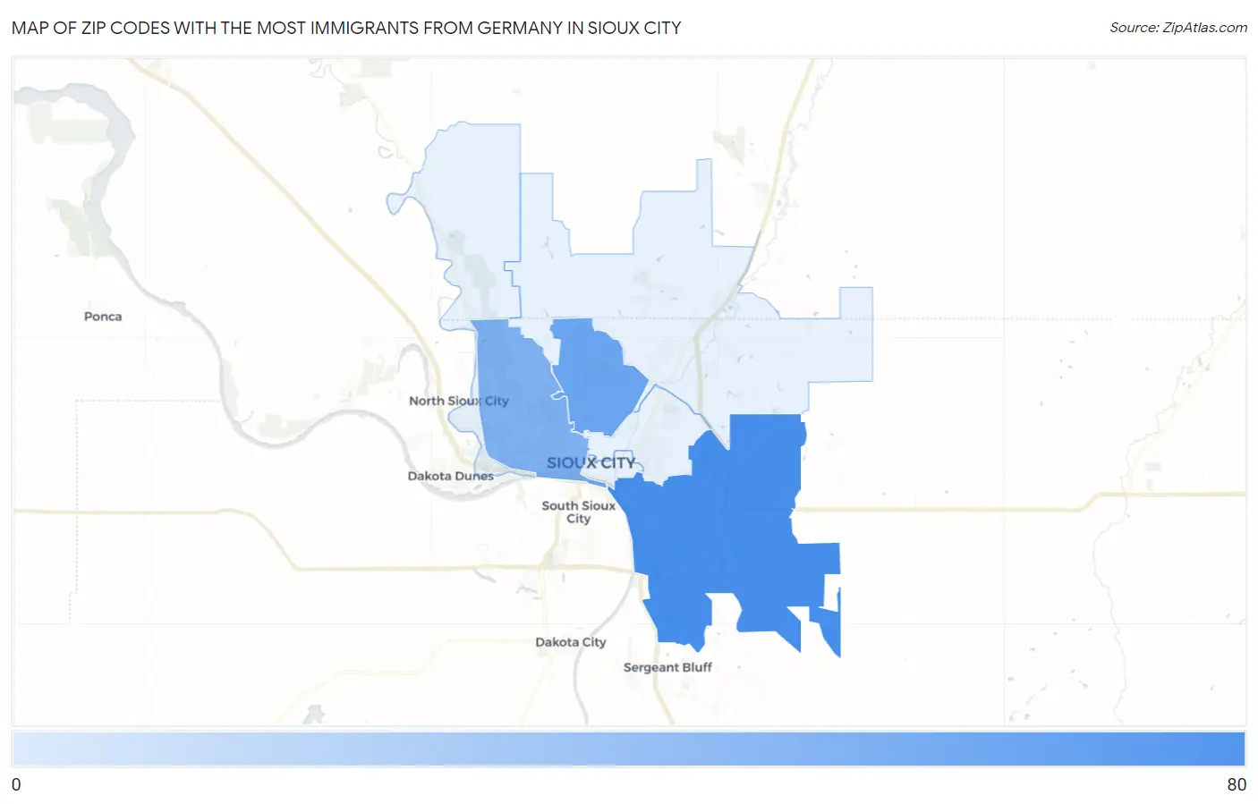 Zip Codes with the Most Immigrants from Germany in Sioux City Map