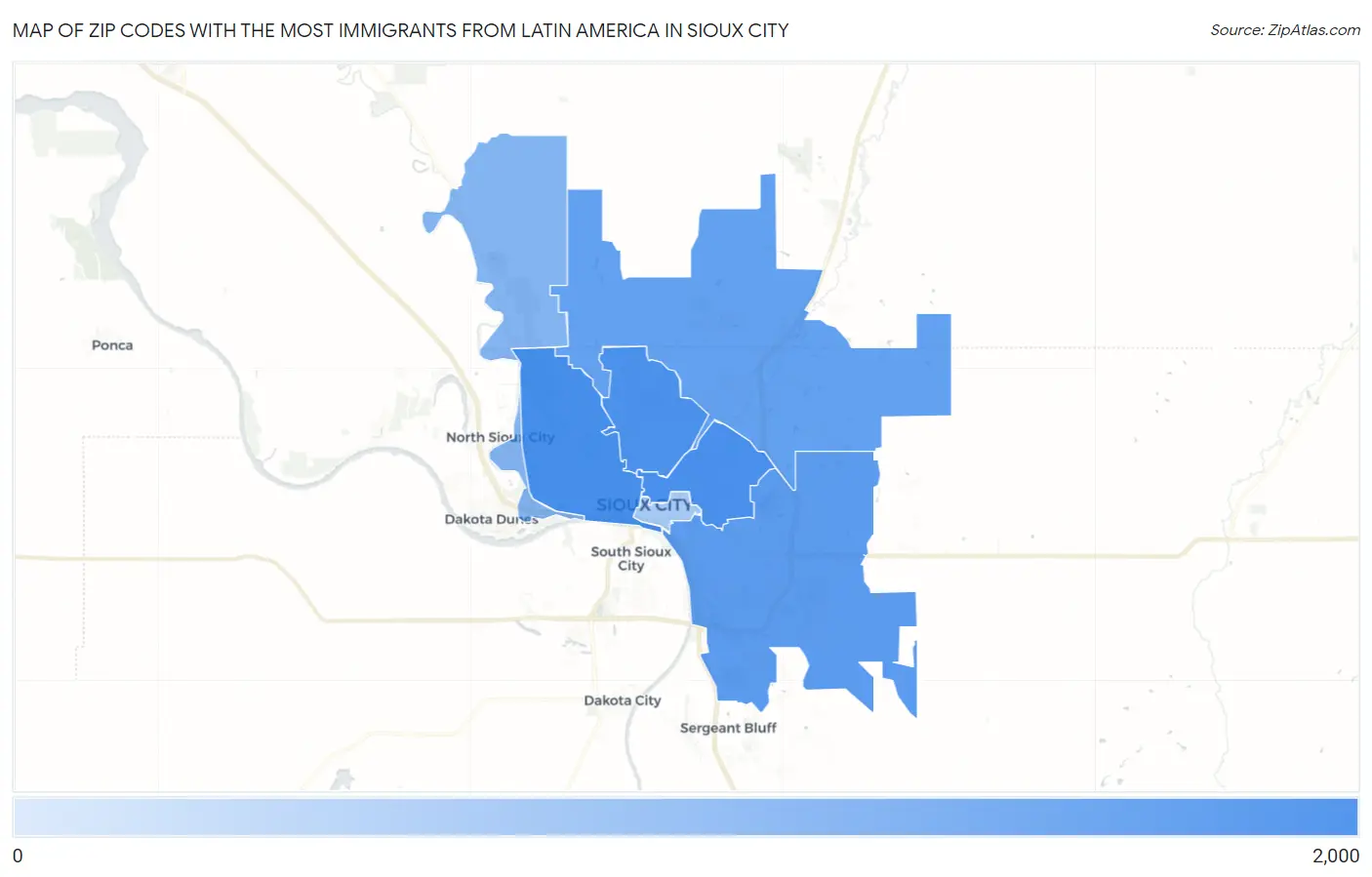 Zip Codes with the Most Immigrants from Latin America in Sioux City Map