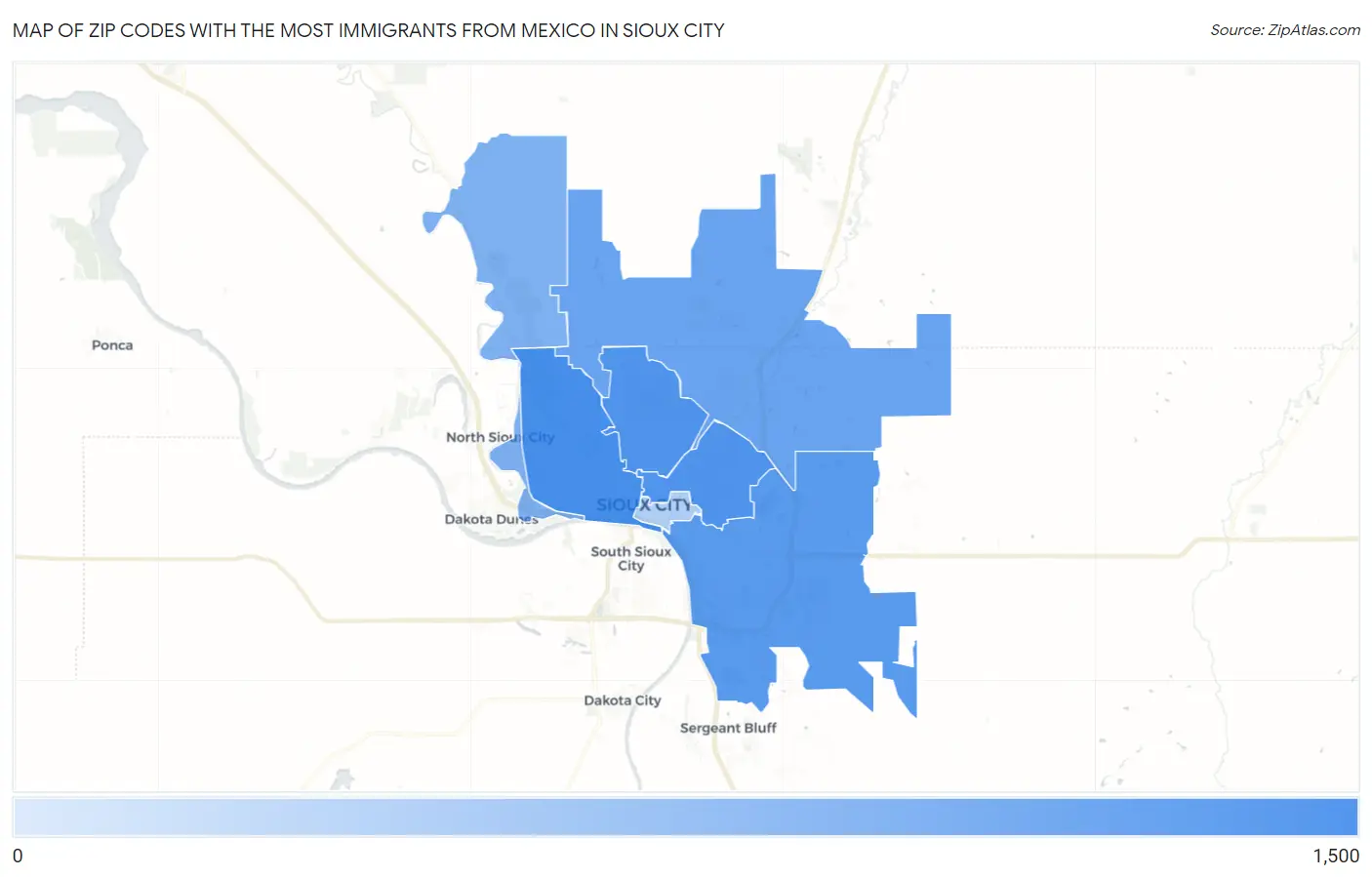 Zip Codes with the Most Immigrants from Mexico in Sioux City Map