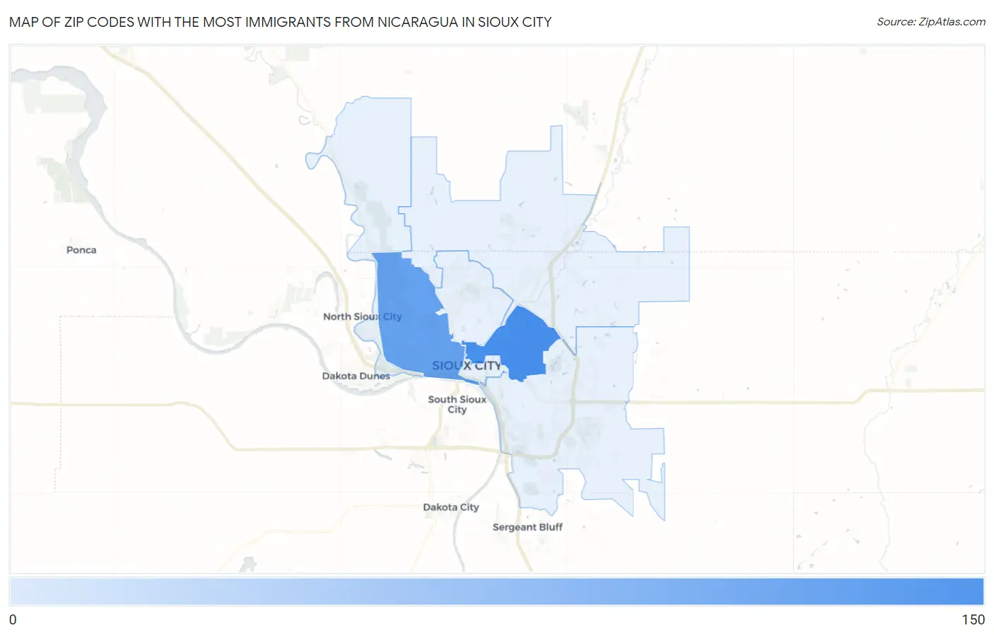 Zip Codes with the Most Immigrants from Nicaragua in Sioux City Map