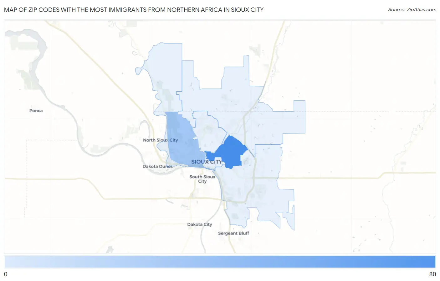 Zip Codes with the Most Immigrants from Northern Africa in Sioux City Map