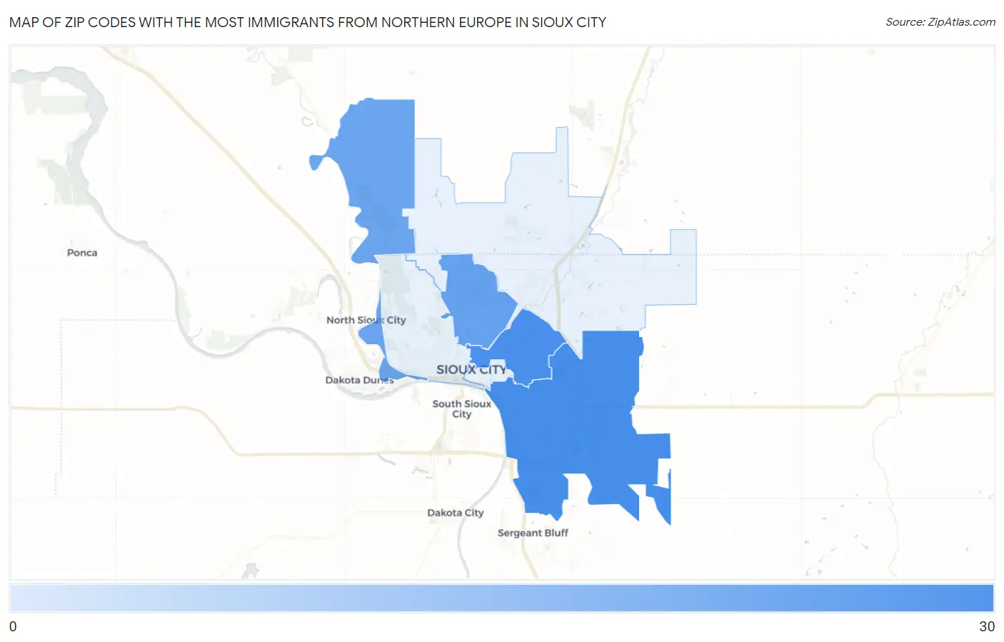 Zip Codes with the Most Immigrants from Northern Europe in Sioux City Map