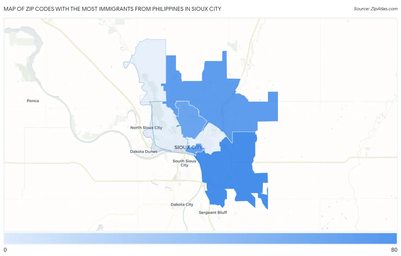 Zip Codes with the Most Immigrants from Philippines in Sioux City Map