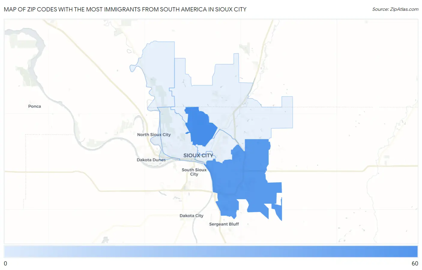 Zip Codes with the Most Immigrants from South America in Sioux City Map