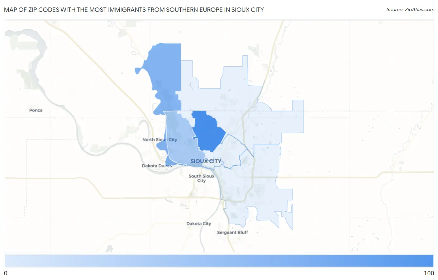 Zip Codes with the Most Immigrants from Southern Europe in Sioux City Map