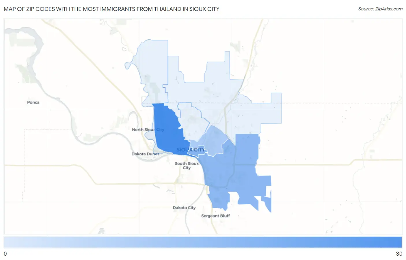 Zip Codes with the Most Immigrants from Thailand in Sioux City Map