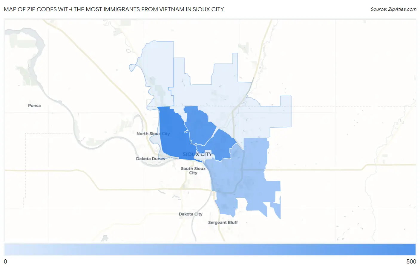 Zip Codes with the Most Immigrants from Vietnam in Sioux City Map