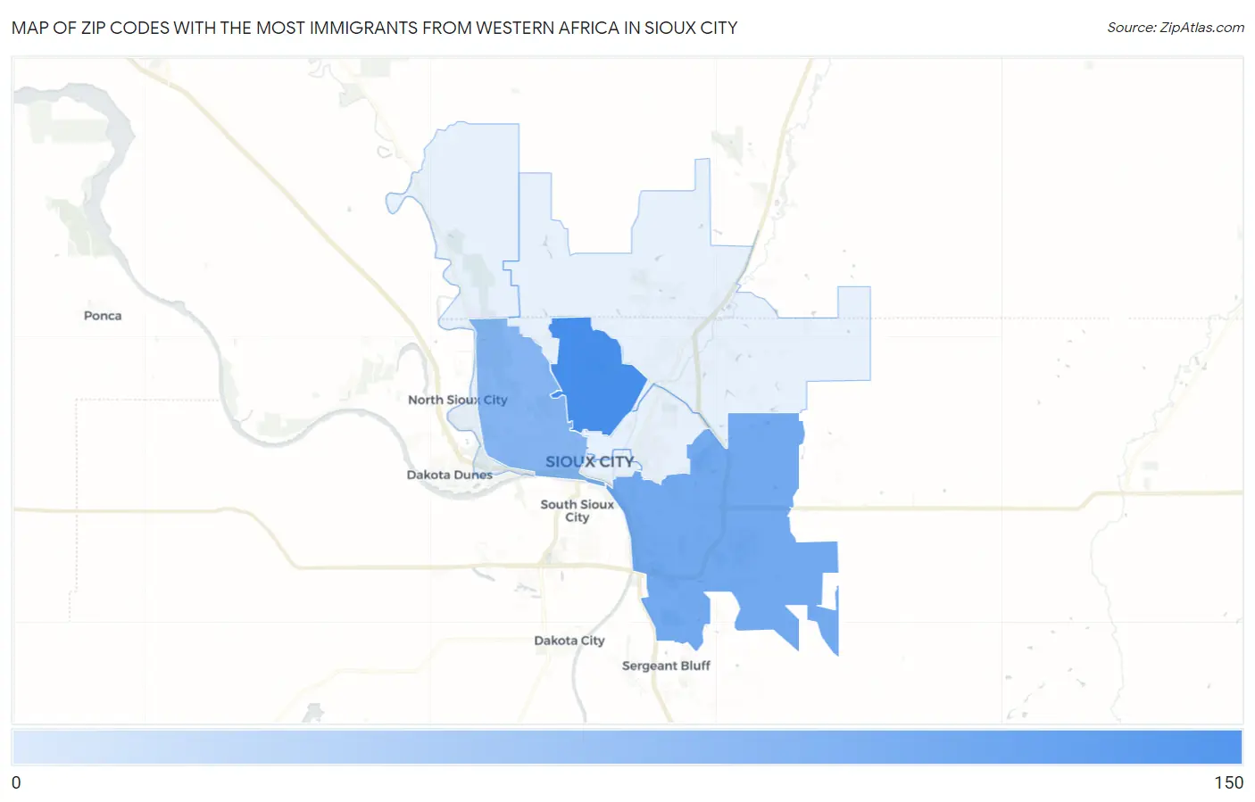 Zip Codes with the Most Immigrants from Western Africa in Sioux City Map
