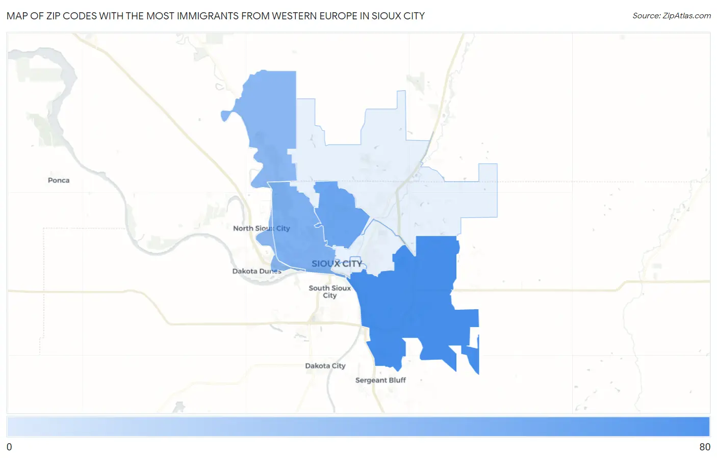 Zip Codes with the Most Immigrants from Western Europe in Sioux City Map
