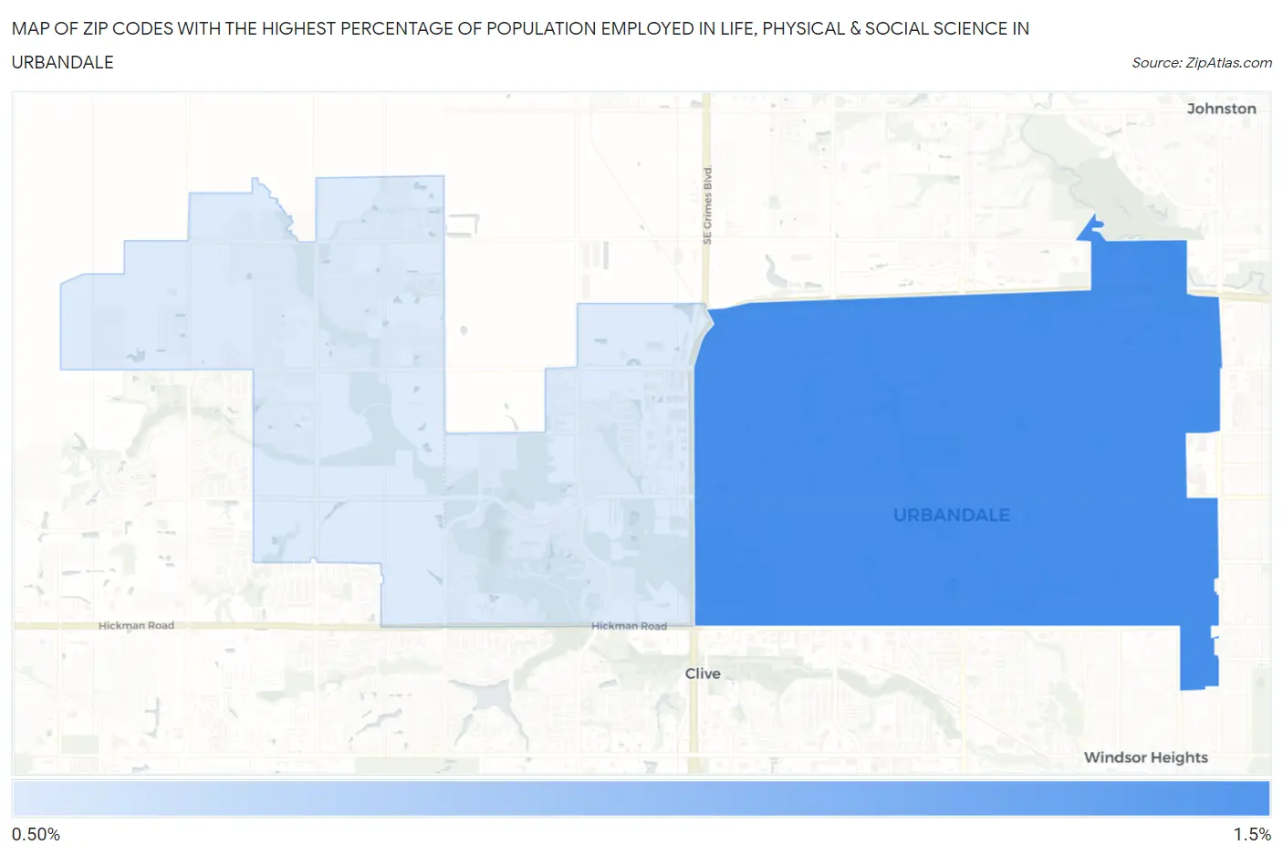 Zip Codes with the Highest Percentage of Population Employed in Life, Physical & Social Science in Urbandale Map