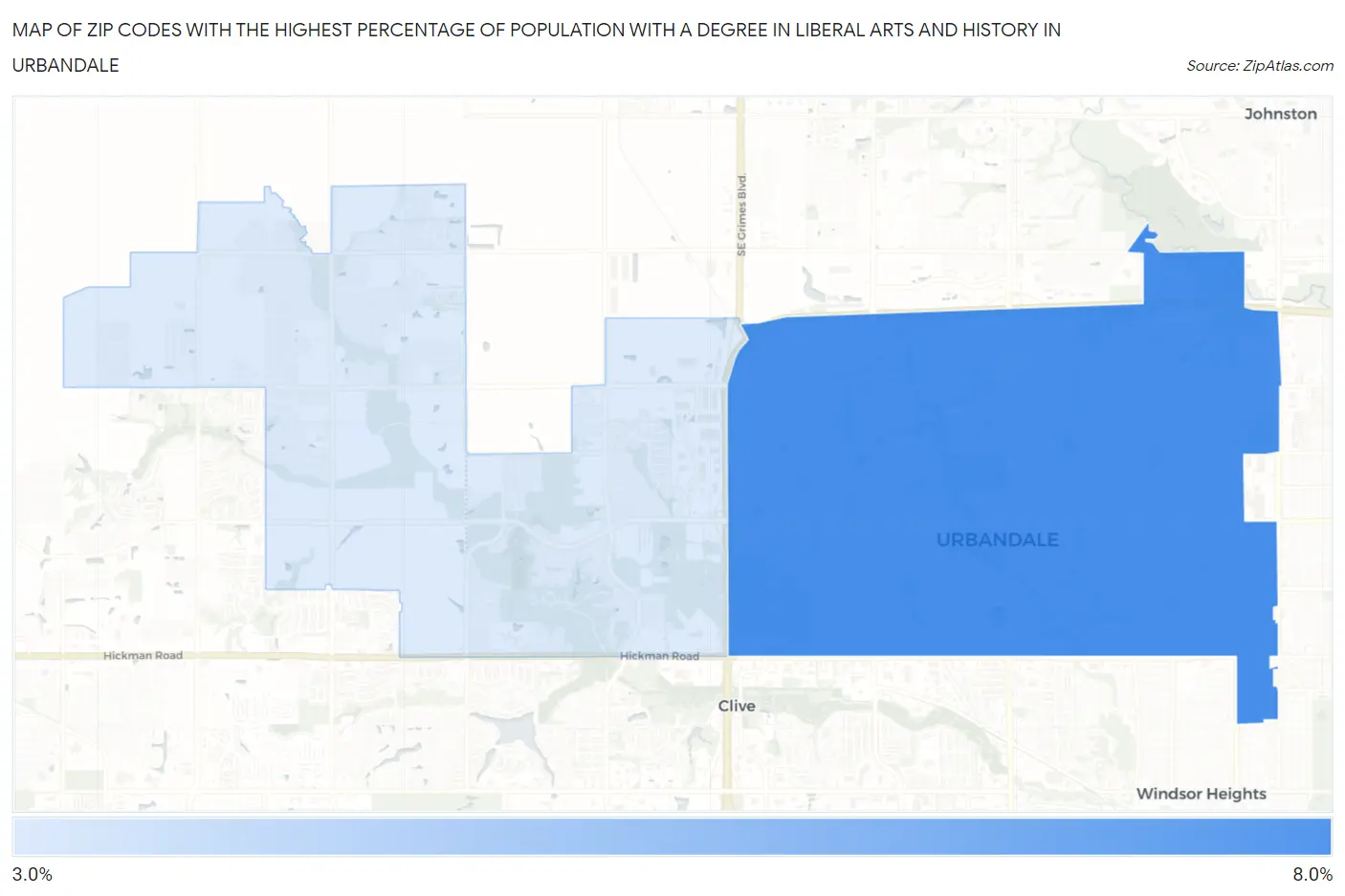 Zip Codes with the Highest Percentage of Population with a Degree in Liberal Arts and History in Urbandale Map