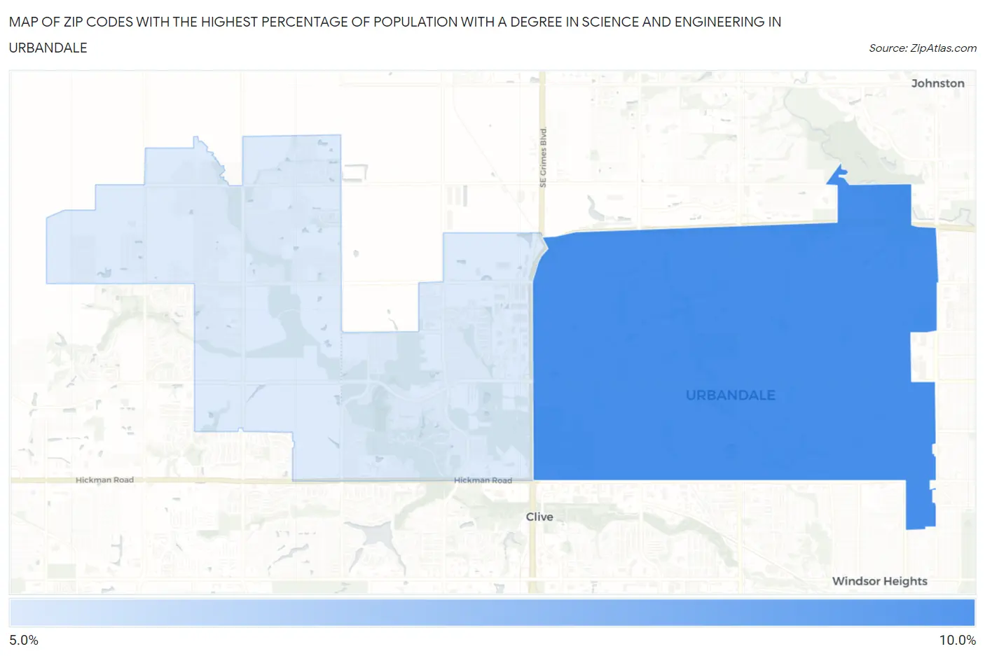 Zip Codes with the Highest Percentage of Population with a Degree in Science and Engineering in Urbandale Map