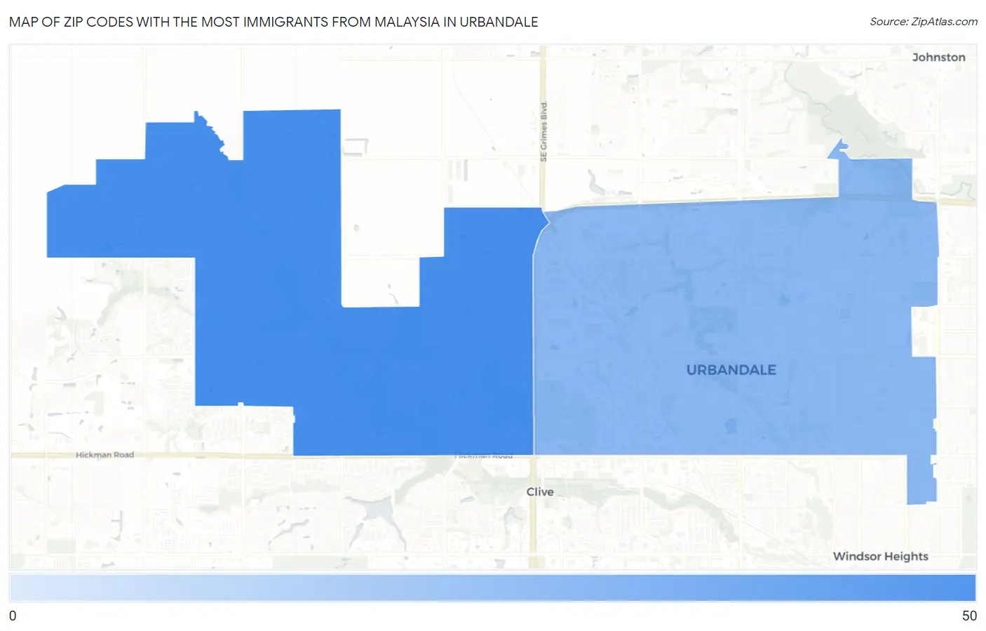 Zip Codes with the Most Immigrants from Malaysia in Urbandale Map